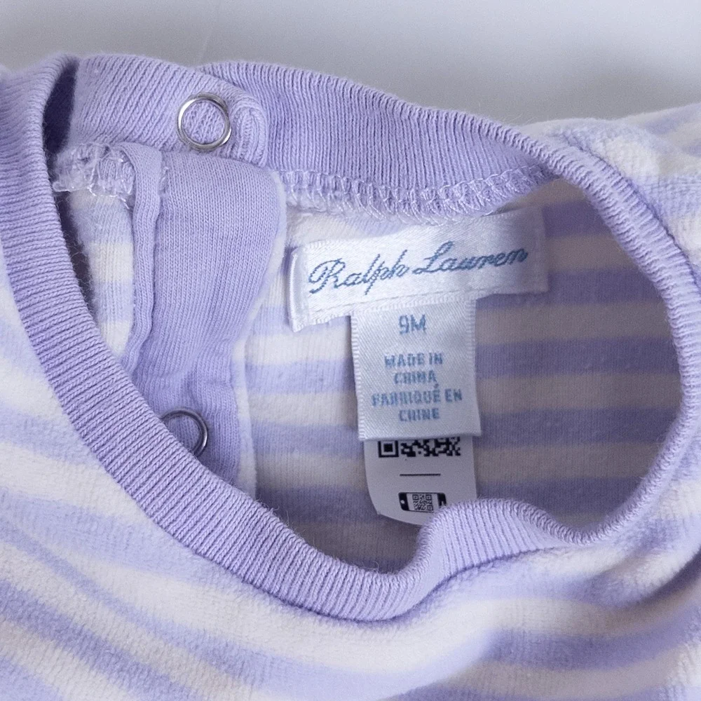 Ralph Lauren Velour Dress Baby 9M‎ Purple White Striped Ruffle Long Sleeve Pony